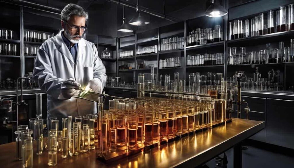 Scientist in a lab coat working with chemistry glassware
