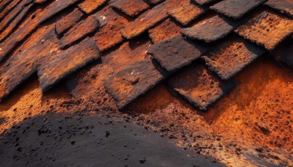 Close-up of weathered roof shingles in warm evening light