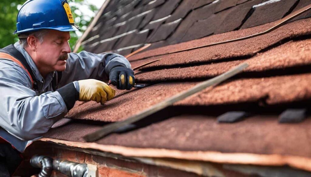 Roofer in a blue hard hat repairing shingles on a roof