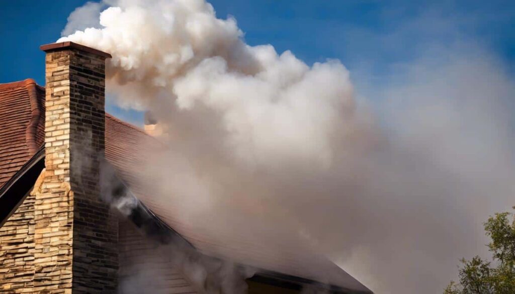 Chimney releasing thick white smoke beside a tree