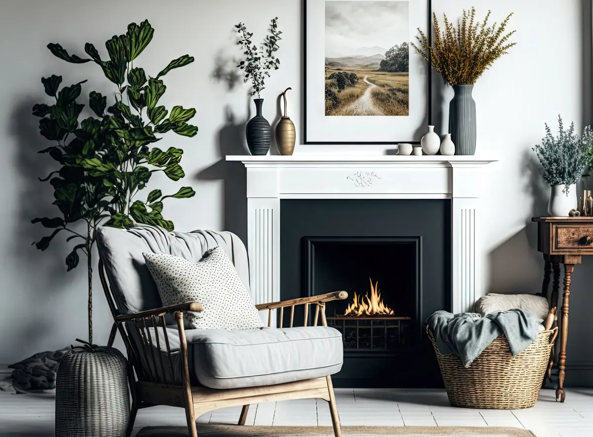 A white fireplace with a fire burning in a bright living room